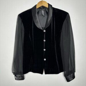 Vtg Bay Studio Velvet Jacket Petite XL Sheer Sleeve Rhinestone Button Evening